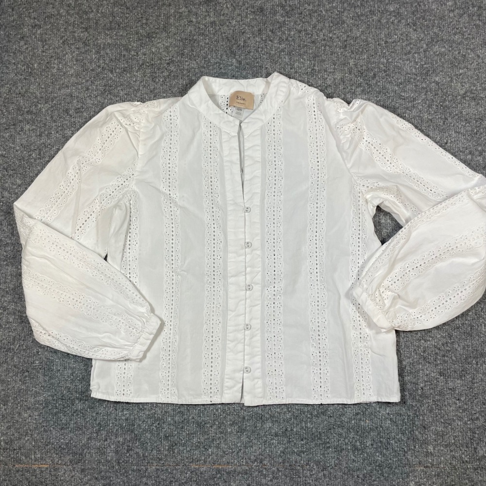 Elie Tahari Blouse Womens XS White Eyelet Cotton Long Sleeve Button Front